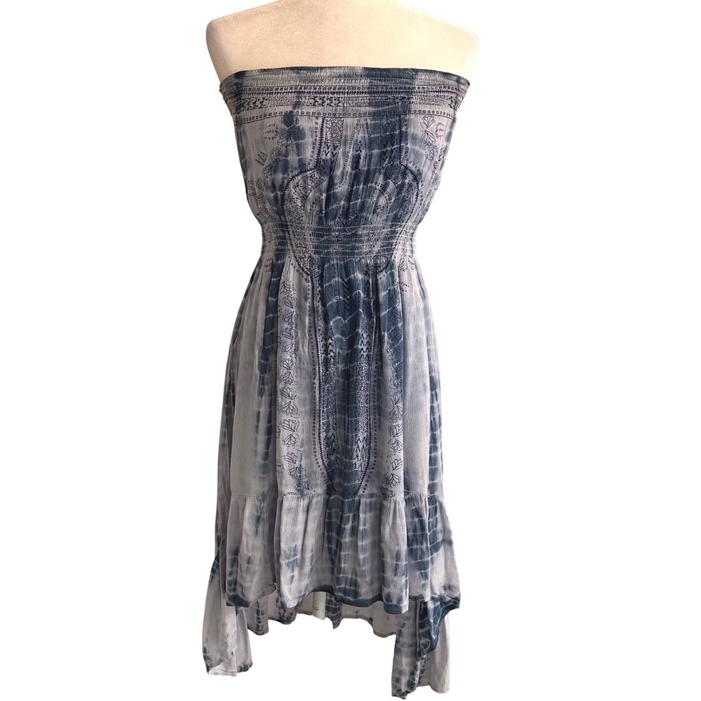World Market Blue Tie Dye Smocked Strapless High-Low Hem Cotton Sun Dress Small
